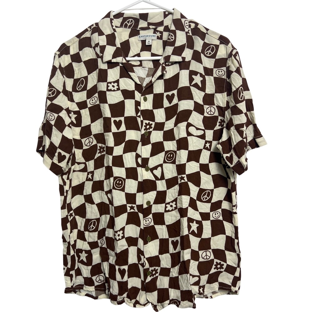 Earthbound Trading Co Brown Warped Checkerboard Graphic‎ Rayon Shirt M Women 70s